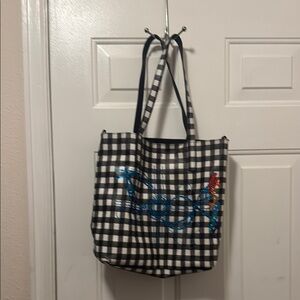 Checkered Tote Bag with Embroidered Design